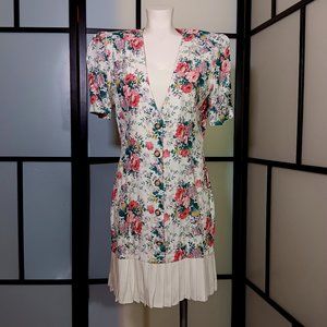 Vintage Mid-90s White Floral Pleated Drop Waist Dress by Byer Too!